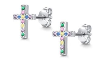Cangall Silver Stud Earrings for Women, Colorful CZ Cross