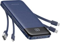Charmast Power Bank with Built in Cables X 4, 10000mAh Portable Charger Slim Type C Powerbank 6 Outputs 3 Inputs, LED Display, Travel Essentials, USB C Battery Pack Compatible with iPhone17/Samsung