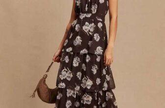 Chocolate Brown Floral Printed High Neck Tiered Occasion Maxi Dress