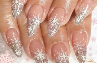 Christmas Almond French Tip False Nails, 24PCS Glitter Pink Oval Shaped Press on Nails with White Snowflakes Design, Reusable Fake Nails Almond, Cute Acrylic Press-On Nail for Nail Art Accessories