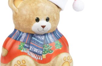 Christmas Bear with Hat Gift Set – Christmas Biscuits Tin, Novelty Biscuit Tins with 100g Mini Chocolate Chip Cookies – Luxury Biscuits Gifts for Women and Men