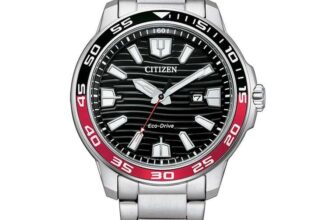 Citizen Eco-Drive Watch, Black and Red Bezel, Stainless Steel Bracelet, Model: AW1527-86E – Sold by Amazon EU