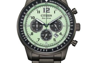 Citizen Eco-Drive chronograph in a fully lume dial styled with a black ion-plated stainless steel case and bracelet. Now 50% off £399..