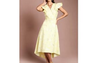 Coast Jacquard Frill Sleeve Wrap High Low Midi Dress