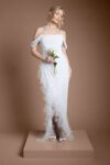 Coast Sequin Embellished Feather Trim Draped Bardot Maxi Wedding Dress, Ivory