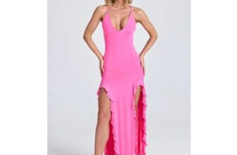 Coraline Ruched Ruffle-Trim Maxi Dress in Lollipop Pink