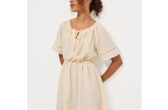 Cream Bardot Ladder Trim Short Sleeve Mini Dress
