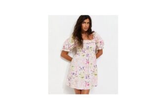 Cream Cotton Rich Floral Print Short Sleeve Shirred Frill Mini Dress