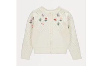 Cream Flower Embroidered Argyle Cardigan