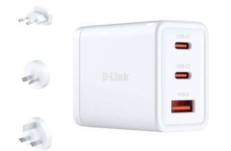 D-Link DCP-651 65W GaN Fast Charger 2 x USB-C & 1 x USB-A, Interchangeable Plugs, PD 3.0 & QC 4.0, Multi-Device Charging Block