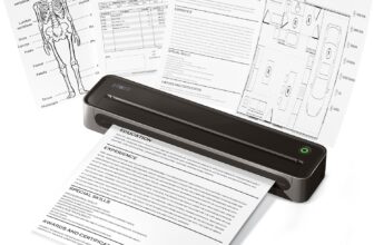 D90E Inkless Thermal Portable Wireless Travel Printer A4, Black USB link, fits 8.511 A4 thermal paper, inkless printer tech, works with phones & laptops, for home car office school use