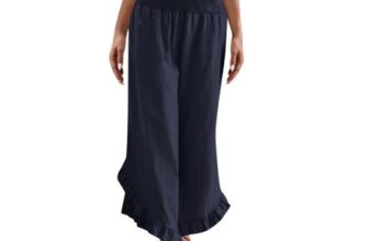 DEAL STACK – Yolimok Cropped Linen Wide-Leg Trousers, Elasticated High-Waisted Navy