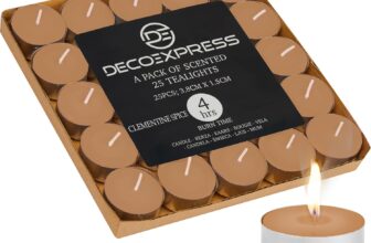 DECO EXPRESS Tealight Candles Multipack of 200, 100, 50, 25 or 24, Burning Time 4, 8 or 10 Hours – Tea Lights Candles (Clementine Spice 25/4 Hour)