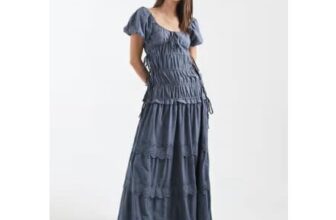 Daisy Street Broderie Shirred Maxi Dress with Puff Sleeves in Blue Grey