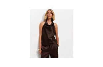 Dark Brown Hardware Detail Satin Cowl Neck Top