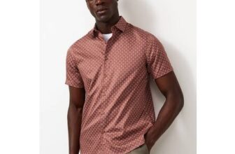Dark Pink Geometric Print Satin Short Sleeve Cotton Shirt