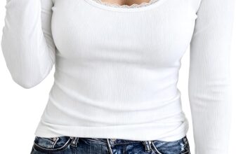 Demegimi Womens Scoop Neck Top Casual Lace Trim Ribbed Long Sleeve Tee