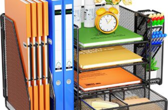 Desk Organiser File Holder, 5-Tier Paper Letter Tray Organiser with Drawer, 4 Pen Holder, Mesh Desktop Storage with Magazine Holder for Office Supplies (Black)