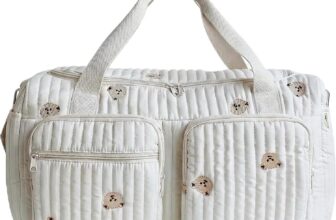 Diaper Tote Bag, Quilted Baby Changing Bag with Teddy Bear Embroidery, Large Capacity White Maternity Bag for Hospital Travel, Baby Nappy Storage Tote with Multiple Pockets
