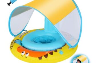 Dinosaur Baby Swimming Float with Canopy, Pump, Seat, Double Airbags
