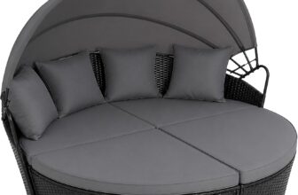 EVRE Bali 4 Piece Modular Round Rattan Wicker Patio Garden Furniture Daybed Sun Lounger Set with Extendable Canopy and Conversation Seat Cushions (Black)