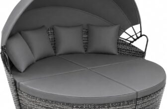 EVRE Bali 4 Piece Modular Round Rattan Wicker Patio Garden Furniture Daybed Sun Lounger Set with Extendable Canopy and Conversation Seat Cushions (Mixed Grey)