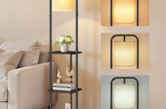 EXCLUSIVEVASAGLE Floor Lamp with 3 Shelves, Standing Lamp with LED Bulb, Foot Switch, Fabric Lampshade With Code