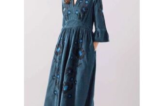 East Odelia Embroidered Corduroy Maxi Dress Blue