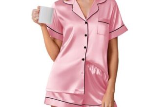 Ekouaer Ladies Silk Satin Pajama Set, Short Sleeve, Pink XXL