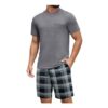 Ekouaer Mens Pajama Set: Plaid, Shorts, Grey, Crew Neck