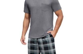Ekouaer Mens Pajama Set: Plaid, Shorts, Grey, Crew Neck