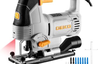 Electric Jigsaw Tool: DEKOPRO 800W Power Jig Saws with LED Light Laser, 4 Orbital Sets, 6 Variable Speed, 800-3000 SPM, 45Bevel Cutting Cut Blades, with 10 PCS Sawblades for Wood, Metal, Plastic