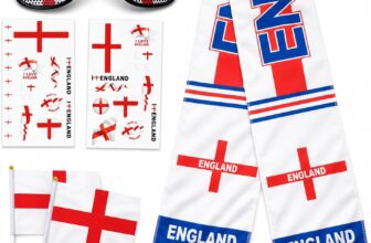 England Fan Set for Major Football Event 2026 – England Scarf, Flag Design Glasses, 2 Hand Held Flags & 2 Tattoo Sticker Sheets Premium England Accessories Kit for Match Day