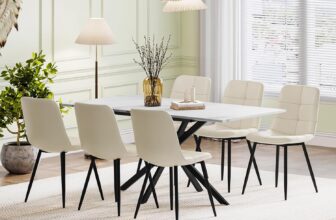 Extendable Dining Table and Chairs Set 6, 120-160cm Marble Effect Table with 6 Beige Upholstered PU Leather Chairs for Dining Room, Kitchen
