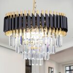 FRIXCHUR 20 Inch Crystal Chandelier Ceiling Light Black and Gold Flush Mount 4 Tier Raindrop for Bedroom Living Room Dining Room Entryway
