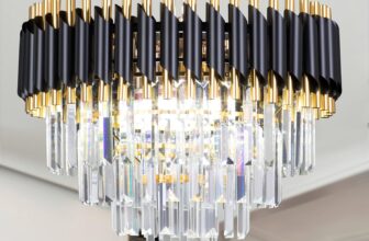FRIXCHUR 20 Inch Crystal Chandelier Ceiling Light Black and Gold Flush Mount 4 Tier Raindrop for Bedroom Living Room Dining Room Entryway