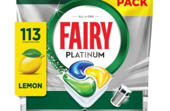 Fairy Platinum Dishwasher Tablets, Lemon, 113 Capsules, Powerful Even on Tough Cleaning Challenges
