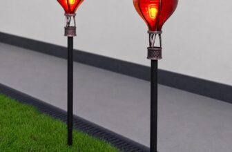 Festive Lights – 2 Pack of Sunset Solar Hot Air Balloon Orange Garden Stake Lights – 24 Amber SMD LEDs, Flickering Flame Effect, 57cm Height, Weather Resistant – Border Pathway Lawn Lighting