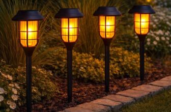 Festive Lights – 4 Pack of 45cm Realistic Flame Effect Black Solar Garden Stake Lights – Sold by Festive Lights Ltd