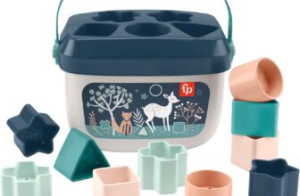 Fisher-Price Babys First BlocksToy Set, Navy Fawn Stacking Toy, 10 Shapes & Storage Bucket, Sorting Play, Infants Ages 6 Months, HJP20