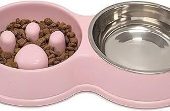 Fur & Bone Double Slow Feeder Dog Bowl Raised Dog Bowl with Non-Slip Bottom Stainless Steel Bowl Detachable Raised Cat Bowl (Pink)