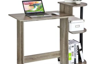 Furinno Compact Computer Desk, Study Desk with Shelves, French Oak/Black