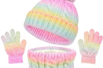 GWAWG Kids Hat Scarf Gloves Set 3-in-1 Winter Knitted Pom Pom Beanie, Neck Warmer & Gloves for Boys Girls, Soft Fleece Lined Gradient Hat Scarf and Gloves Set for Children Aged 310 Pink