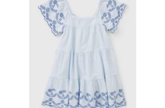 Girls Blue Stripe Broderie Seersucker Dress
