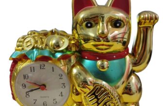 Golden Maneki-Neko Lucky Cat Charm with Clock – 6 Inch Waving Arm Fortune Cat