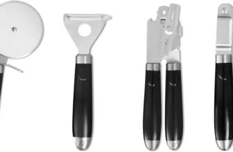 Good Food in Partnership with Tower 4Pc Gadget Set, Pizza Cutter, Y Peeler, Can Opener, Garlic Press, Stainless Steel Heads, Black