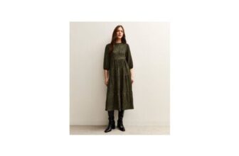 Green Animal Print Crinkled Tiered Midi Dress