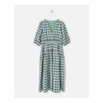 Green Checked V-Neck Puff Sleeve Midi Dress