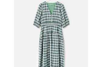 Green Checked V-Neck Puff Sleeve Midi Dress