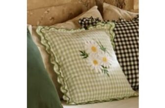 Green Daisy Embroidered Gingham Cushion